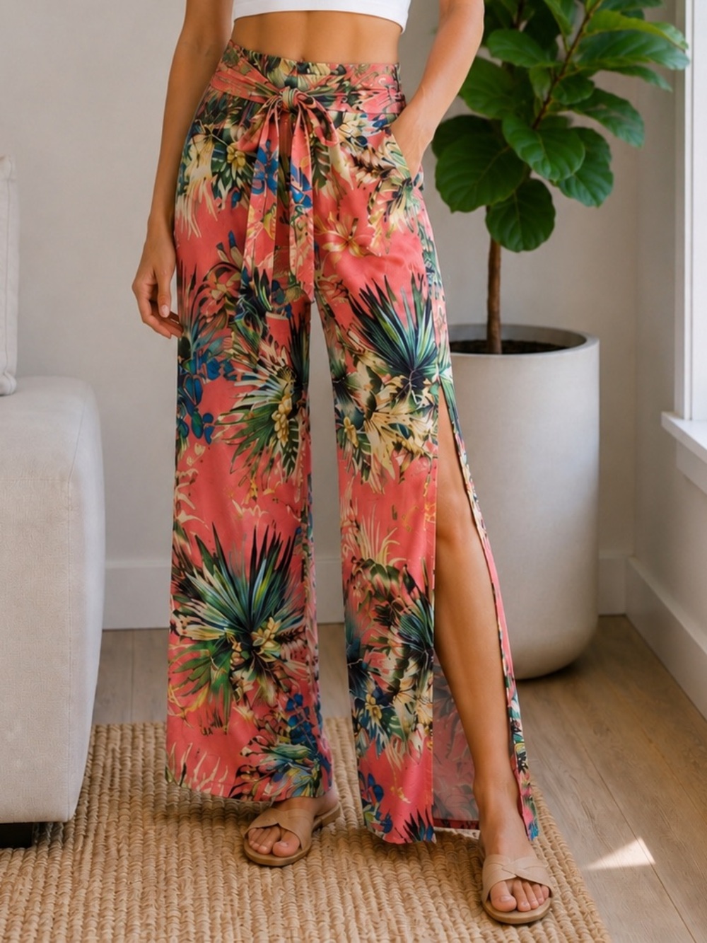La Blanca Tie Front Side Slit Pant Swim Cover-up‎ Pareo in Coral Pink Tropical M